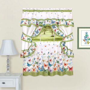 Butterflies Printed Kitchen Curtain Cottage Set Swag Tiers and Tiebacks